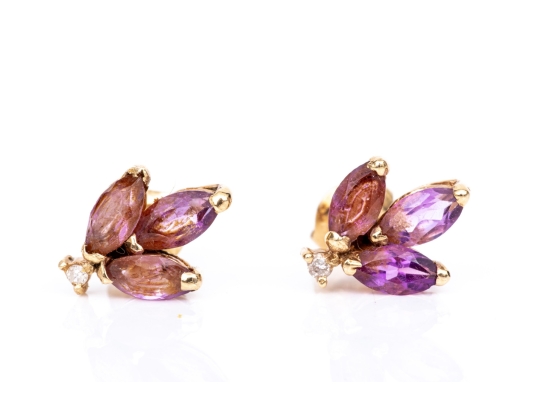14k Yellow Gold Triple Amethyst Foliate Cluster And Diamond Accented Earrings