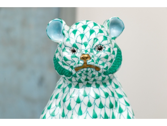 Duo Of Herend Hungary Hand-Painted Porcelain Bears, Green Fishnet Pattern