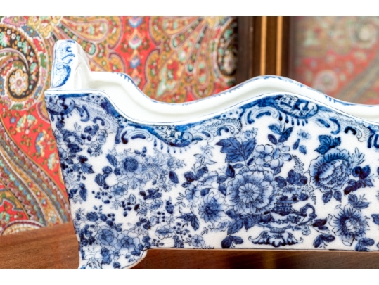 Decorative Blue And White Footed Twin Handled Cachepot