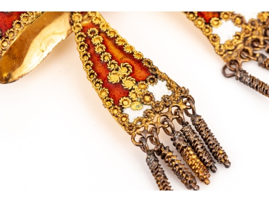 French 800 Vermeil Silver Beautiful Ornate Red And White Fringed Enamel Bow Brooch