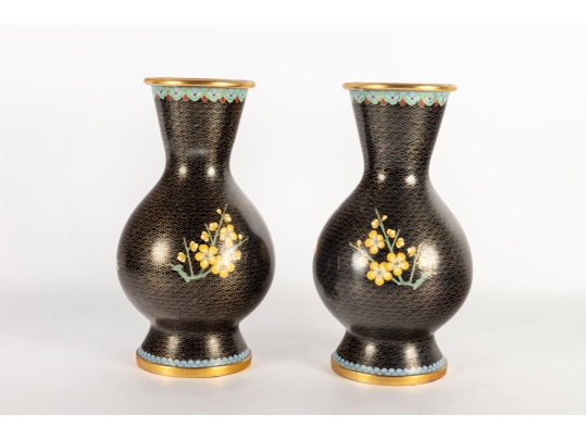 Pair Of Vintage Black Cloisonné Vases With Peony Motif