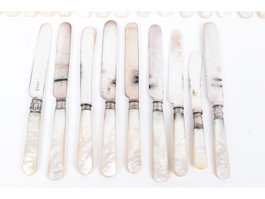 Set Of Antique English Mother Of Pearl Handled Knives, 28 Pieces