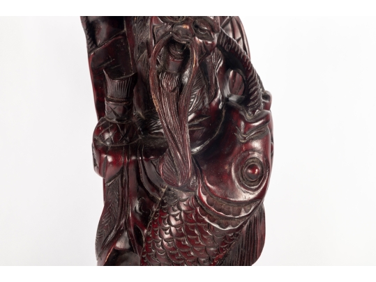 Chinese Carved Wood Figure Of Shou Lao With Carp