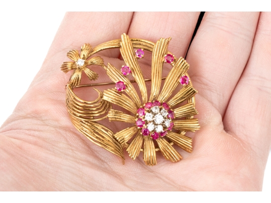 Karbra Yellow Gold Magnificent Vintage Ruby And Diamond Flower Cluster Brooch