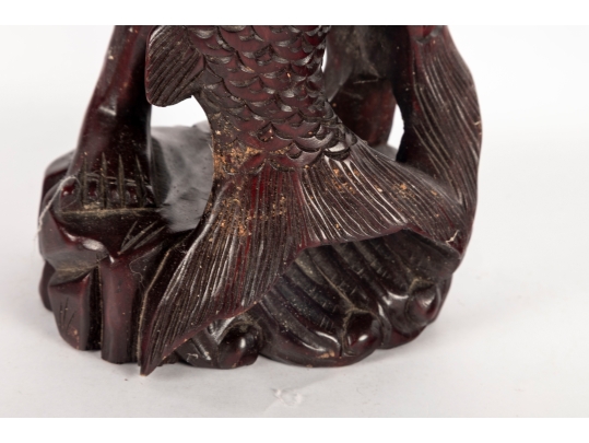 Chinese Carved Wood Figure Of Shou Lao With Carp