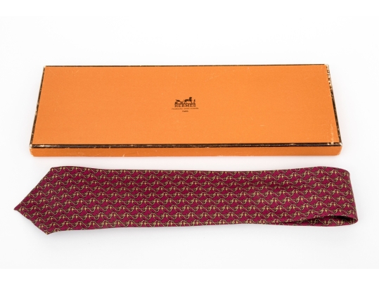 Hermes Burgundy And Gold Anchor Motif Silk Tie, With Box