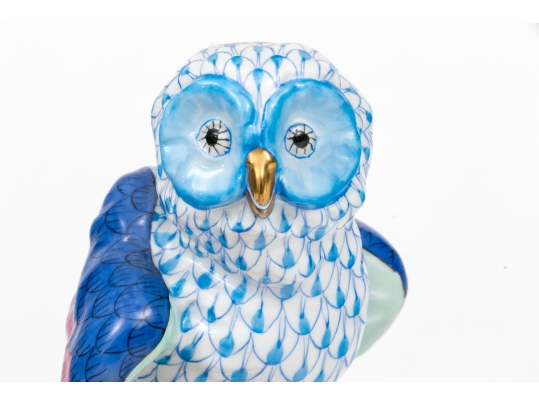 Herend Hungary Hand-Painted Porcelain Owl Figure, Blue FIshnet Pattern With Polychrome Plumage