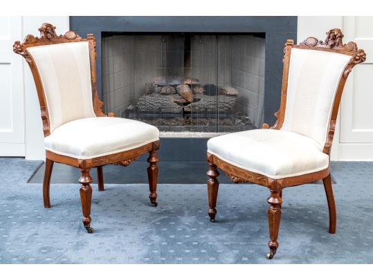 Pair Of Renaissance Revival Custom Upholstered Walnut Accent Chairs