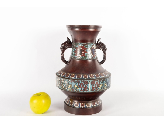 Chinese Archaic-Style Brass And Cloisonné Enamel Hu Vase