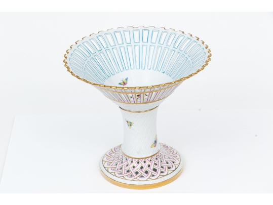 Rare Herend Hungary Hand-Painted Porcelain Reticulated Compote, Rothschild Bird (RO) Pattern