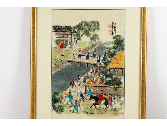 Framed Korean Folk Painting On Mulberry Paper