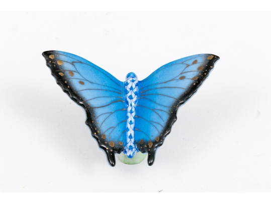 Herend Hungary Hand-Painted Porcelain Blue Butterfly Figure, Blue FIshnet Pattern