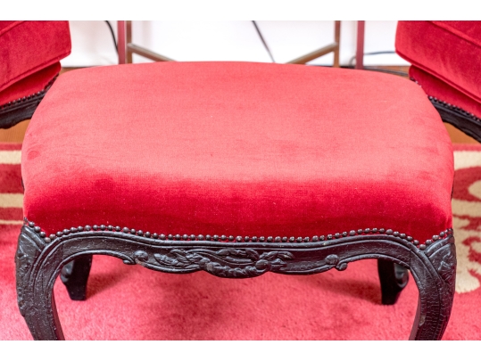 Pair Of Custom Upholstered Queen Anne Style Armchairs With Associated Ottoman