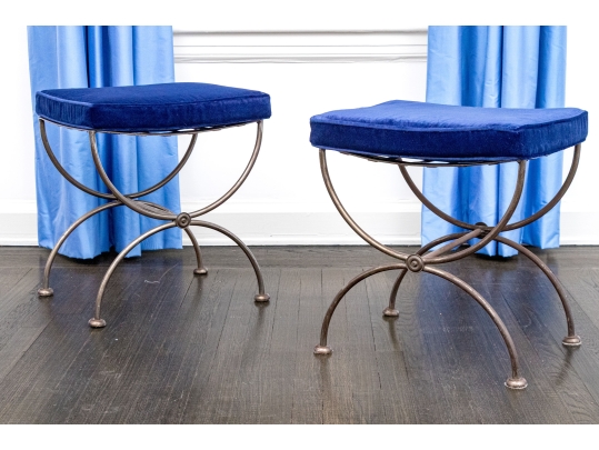 Pair Of Custom Upholstered Iron Neoclassical Style Stools
