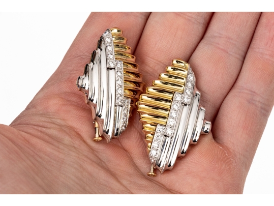 Michael Bondanza Platinum, 18k And Diamond Pair Of Opposing Deco Style Brooches, App. 1.20 TCW