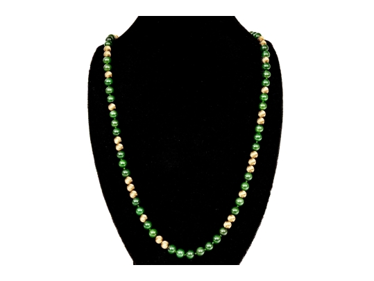 Fabulous Retro Opera Length Nephrite Jade And Corrugated Gold Bead Necklace