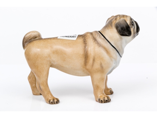 Herend Hungary Hand-Painted Porcelain Pug Figurine, Natural Finish, Red Heart Collar, First Edition