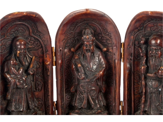 Antique Chinese Carved Triptych Travel Shrine Featuring Fu Lu Shou
