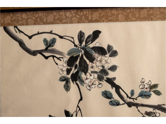 Large Chinese Ink And Watercolor Painting Of Birds On A Branch