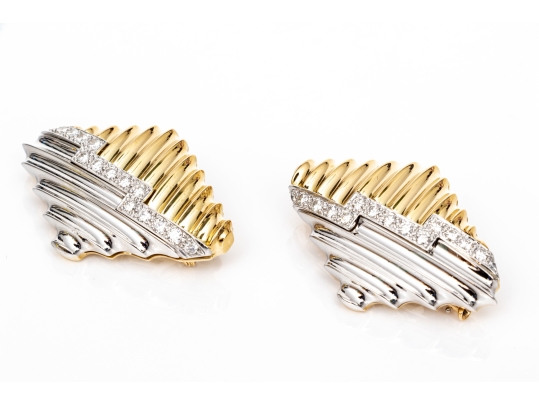 Michael Bondanza Platinum, 18k And Diamond Pair Of Opposing Deco Style Brooches, App. 1.20 TCW
