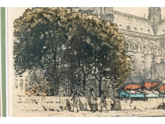 J. Wolf, Hand-Colored Etching, Notre Dame Paris On The Seine