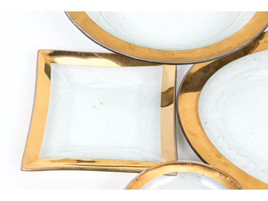 Annieglass, 9 Piece Lavish Gilt Trimmed Glass Serving Wares