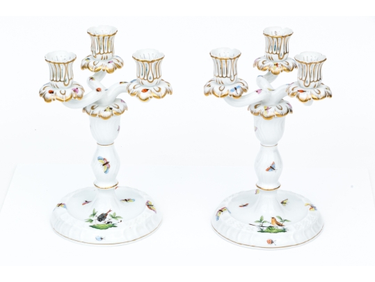 Pair Of Herend Hand-Painted Porcelain Convertible 3-Light Candelabra, Rothschild Bird (RO) Pattern