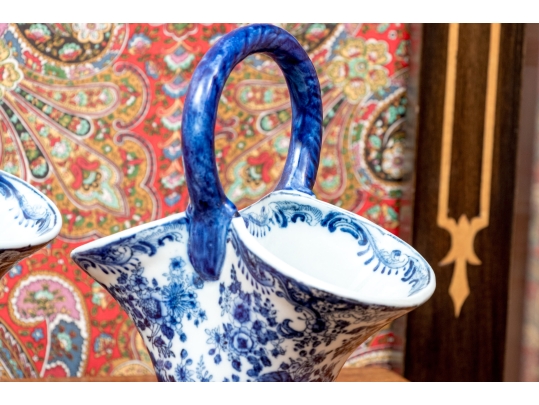 Decorative Chinese Pair Of Blue And White Basket Form Vases