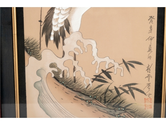 Pair Of Framed Asian Paintings On Silk Of Cranes