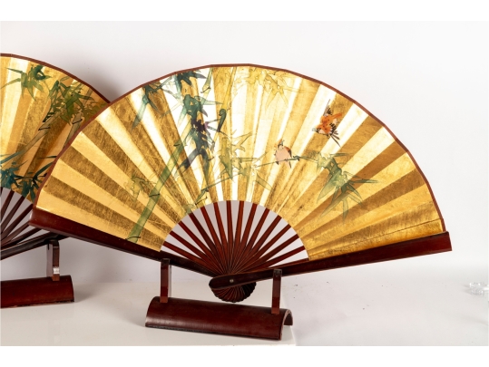 Pair Of Japanese Gilt Folding Fans On Stands