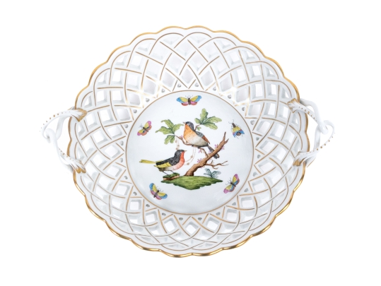 Herend Hungary Hand-Painted Reticulated Porcelain Basket, Rothschild Bird (RO) Pattern