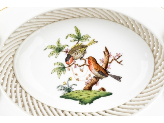 Herend Hungary Hand-Painted Porcelain Small Reticulated Lattice Bowl, Rothschild Bird Pattern