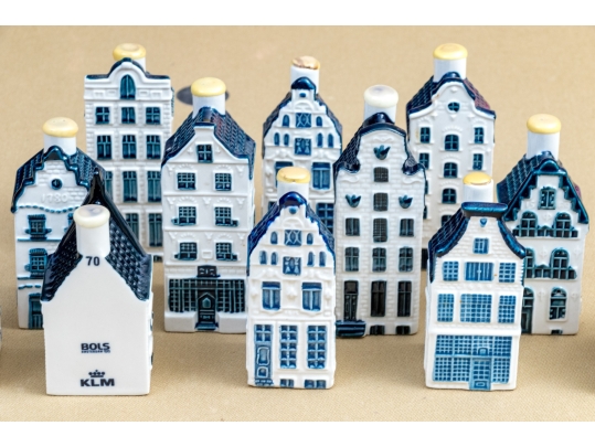 Decorative Set Of Ten Dutch KLM Bols Ceramic House Bottles