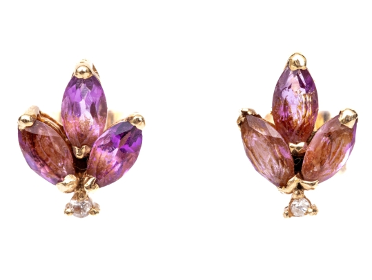 14k Yellow Gold Triple Amethyst Foliate Cluster And Diamond Accented Earrings
