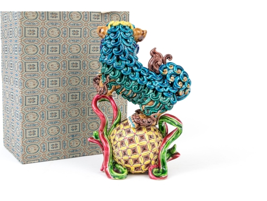 Koji Pottery Enameled Ceramic Figure Of A Foo Dog On Ball