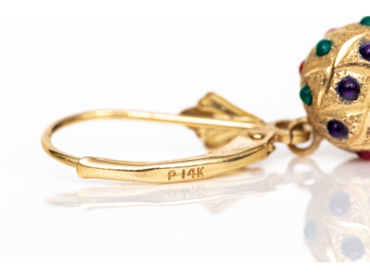 14k Yellow Gold Striking Colorful Decorated Sandblasted Ball Drop Pendant Earrings