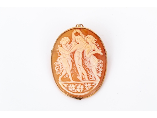 9k Yellow Gold Lovely Three Grace Motif Carved Cameo Brooch/pendant