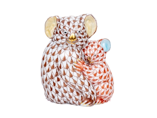 Herend Hungary Porcelain Koala And Baby Figure, Rust & Chocolate Fishnet Pattern