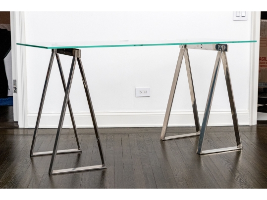 Chrome Framed Glass Top Desk With Sawhorse Form Pedestals