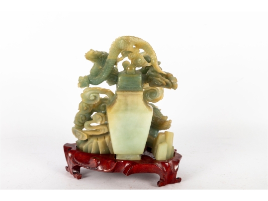 Carved Green Jade Dragon And Qilin Sculpture On Wood Base
