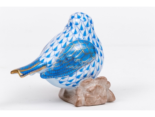 Herend Hungary Hand-Painted Porcelain Stout Bird Figure On Branch, Blue Fishnet Pattern