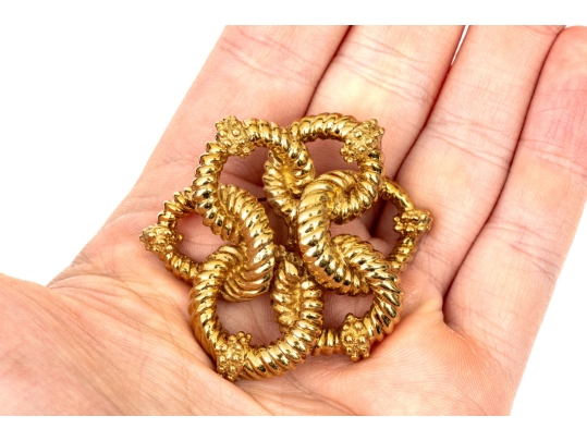 18k Yellow Gold Magnificent Ribbed And Beaded Knot Brooch/necklace Enhancer