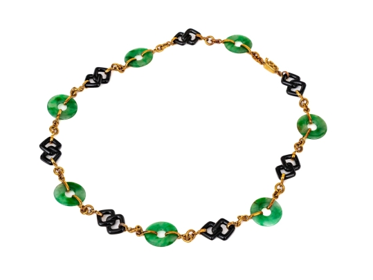Trio 14k Yellow Gold Beautiful Vintage Nephrite Jade And Black Onyx Link Necklace