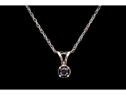10k White Gold Black Diamond Solitaire Pendant, With Gold Chain