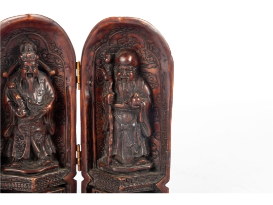 Antique Chinese Carved Triptych Travel Shrine Featuring Fu Lu Shou