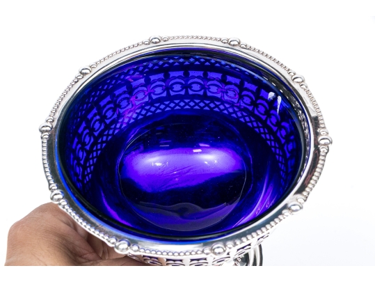 Antique English Silverplate And Cobalt Glass Serving Bowl 