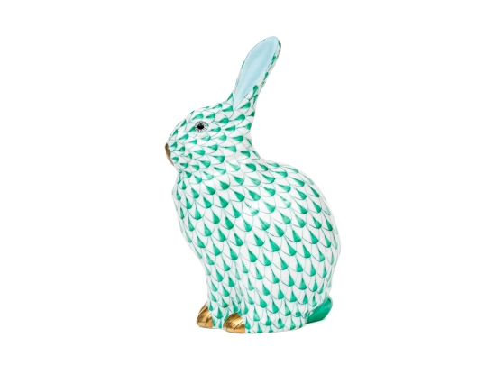 Herend Hungary Hand-Painted Porcelain Rabbit Figure, Green Fishnet Pattern