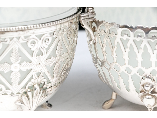Compatible Pair Of Antique Sterling Silver And Silverplate With White Opaline Glass Baskets