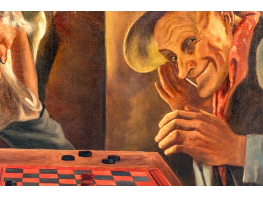 A. Lorenz Signed Oil On Canvas, Men Playing Checkers