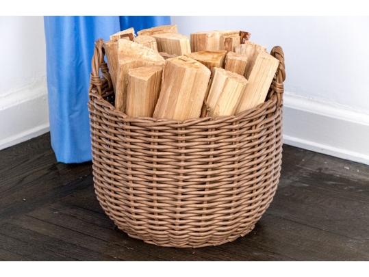Twin Handled Wicker Storage Basket With Wood